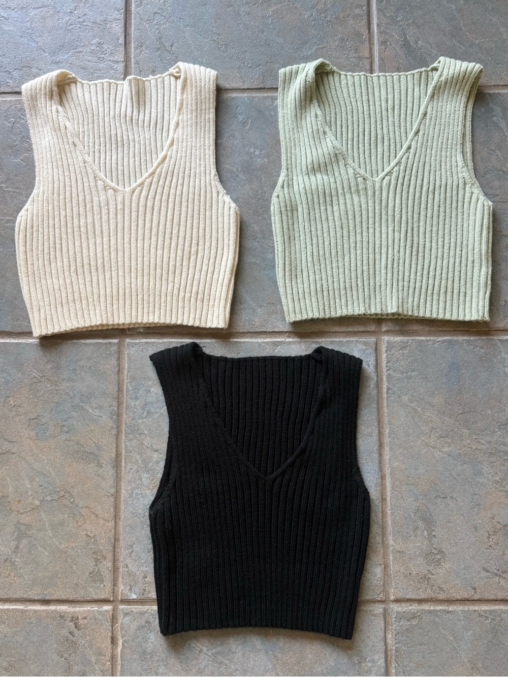 Vintage Style V-Neck Ribbed Sweater Tank - Cream, Sage Green, Black (Set of 3)